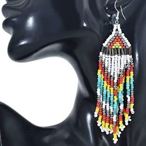 Long 4.5" White Turquoise Oversized Handmade Earrings New Southwestern